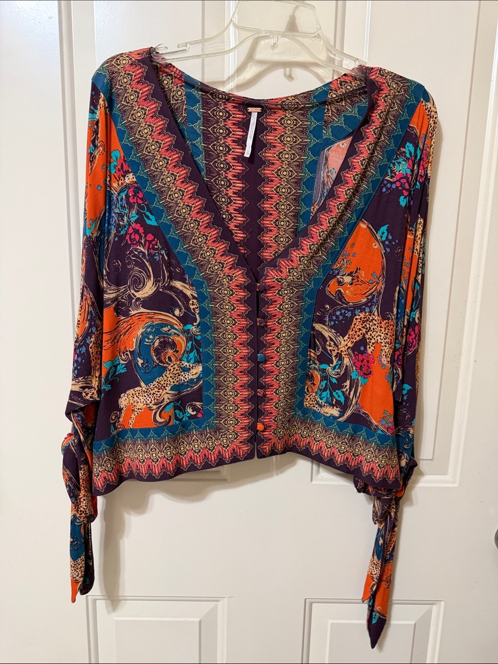 Free People Multi-Color Boho V-Neck Tie-Sleeve Blouse
